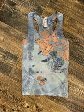 M.U.S.A. Y2K Newspaper Face Graphic Rhinestone Racerback Tank Top